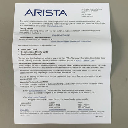 ARISTA Network Switch Back-to-Front Airflow 48-Port 1GE & 6-10GE SFP+ Uplinks (New)